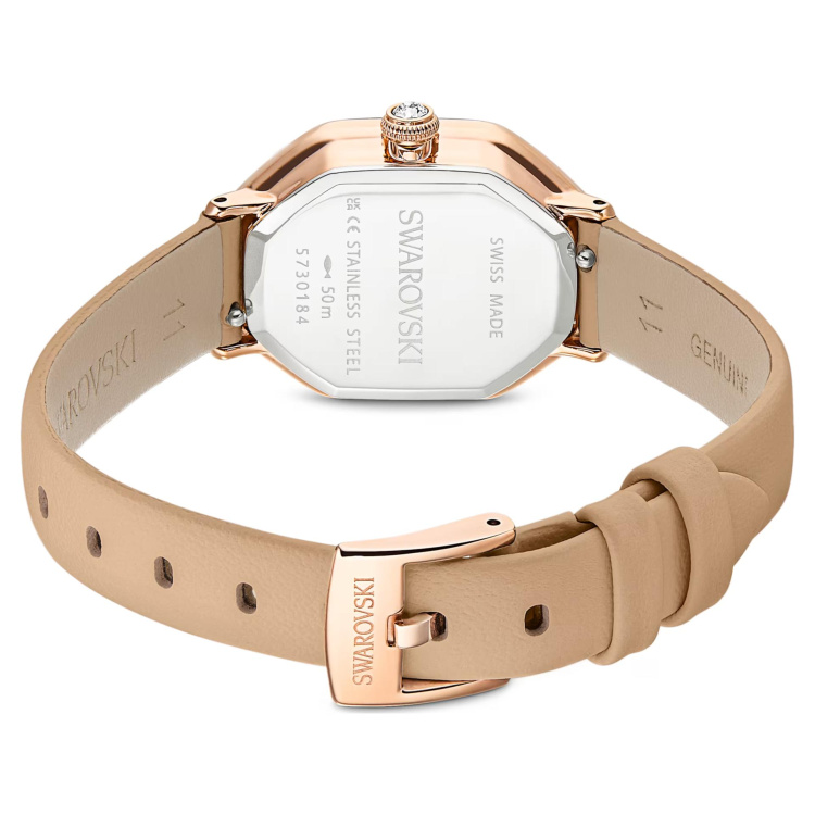 Dextera octagon watch Swiss Made, Leather strap, Brown, Rose gold-tone finish